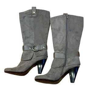 Attention Gray Faux Suede Tall‎ Boots Size 9 Buckle Boho Chic